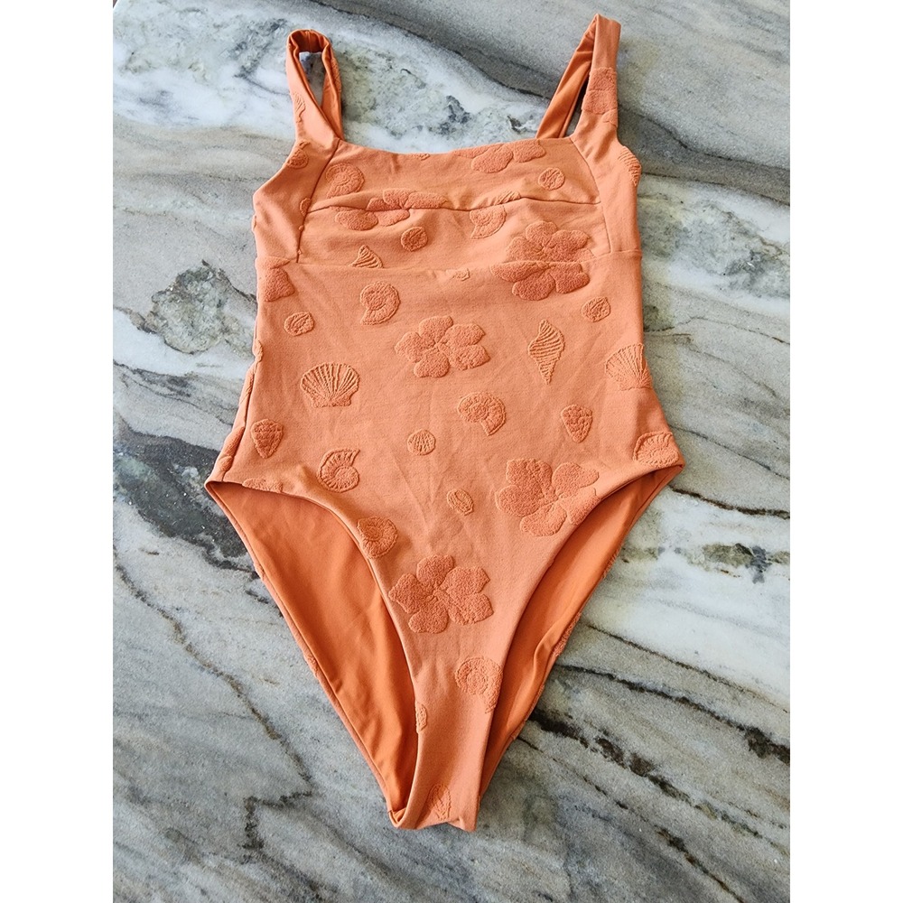 Effortless Swim Orange Floral Shell Terry One Piece Swimsuit Medium